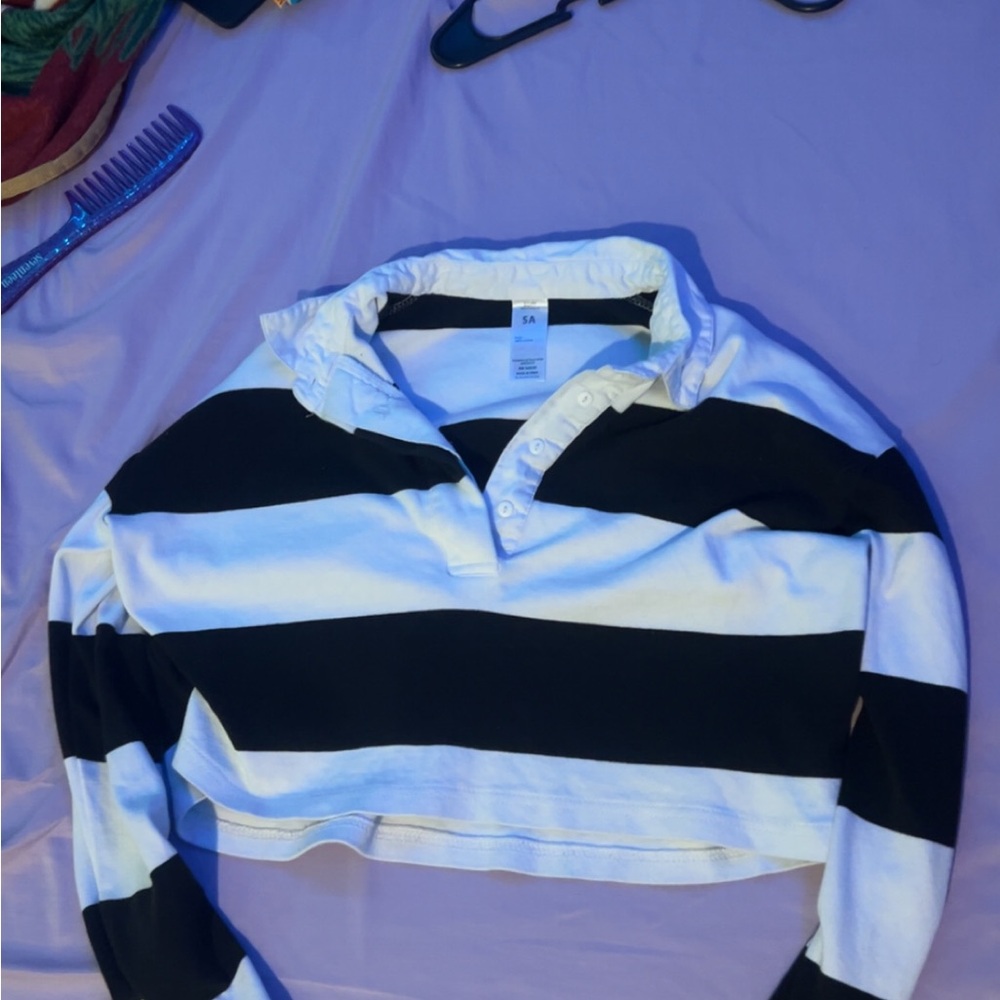 Black and White Striped Cropped Polo Shirt
